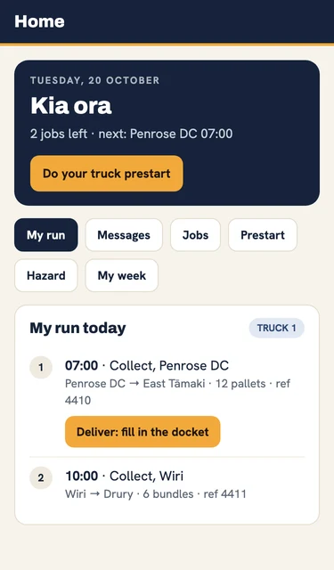 The Shedtally driver screen: the day’s run